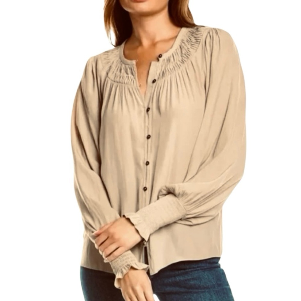 Ramy Brook Isla Button Down Smocked Cuff Sleeves Beige Blouse Sz L